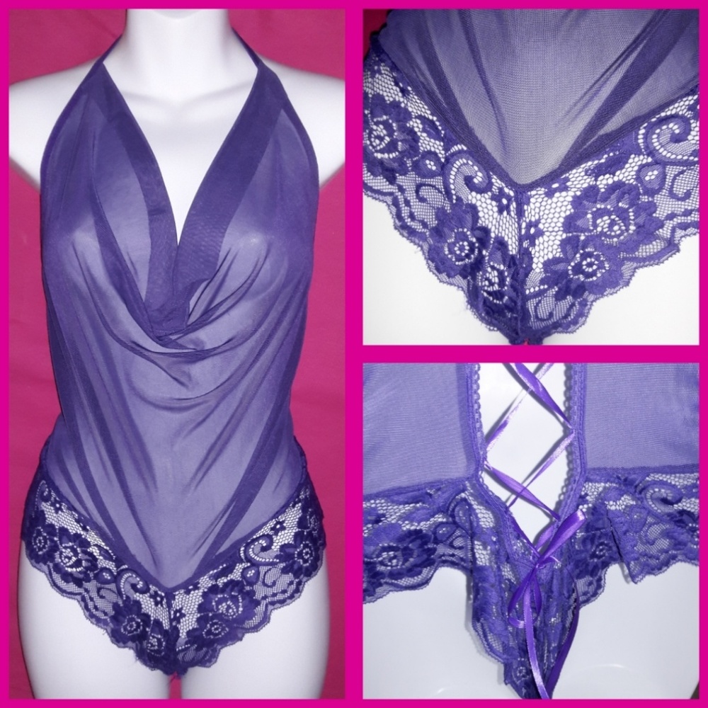 Purple Sheer Mesh Lace Halter Lace Up Bodysuit - Picture 2 of 4